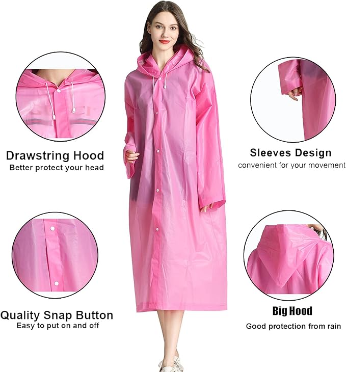 Raincoat, EVA Rain Coats Reusable Rain Ponchos Plastic Rain Jacket for Adults Men Women with Hood and Sleeves