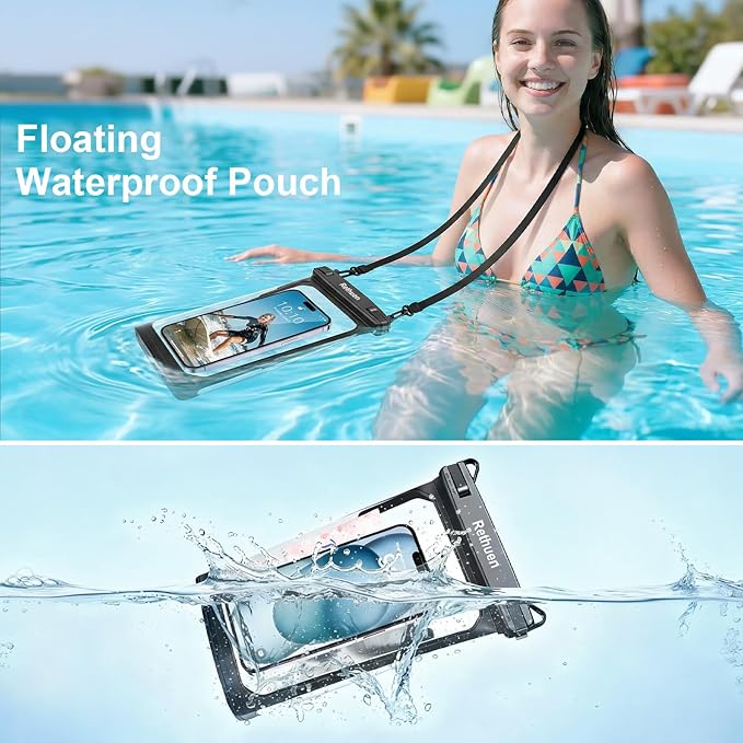 Large Waterproof Phone Pouch, 2Pack Floating Waterproof Bag for iPhone 17 16 15 14 13 Pro Max Galaxy S24 S23 S22 All Phones, Cell Phone Dry Bag for Beach Swimming Rafting Boating (Black + Black)