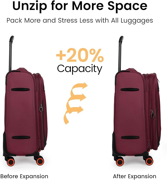 2-Piece Set (22in/28)Softside Expandable 20% Luggage w/Spinner Wheels,Front Opening Softside Luggage Sets w/TSA LOCK,Lightweight Durable Rolling Luggage for Men/Women（Burgundy,22in/28in）