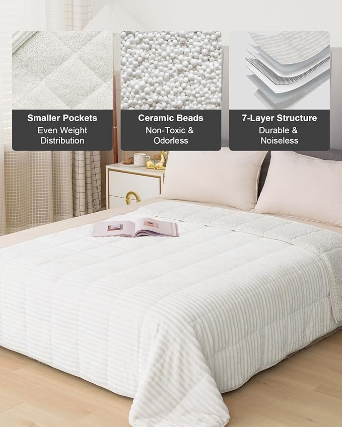 Sherpa Fleece Adult Weighted Blankets 20lbs with Ribbed Stripes, Dual Sided Fuzzy Warm Blanket for Couch Bed Sofa, Heavy Thick Blankets with Ceramic Beads Great for Sleep, White, 60" x 80"