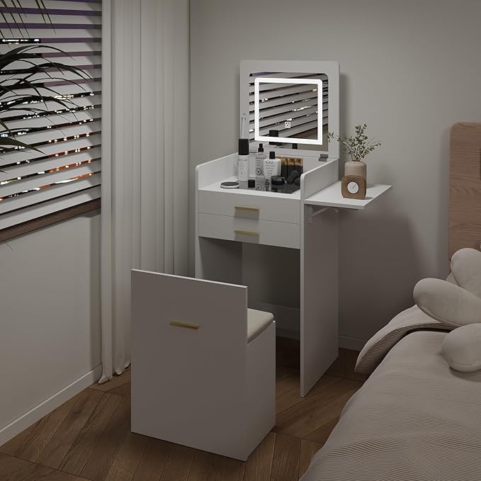 ARTETHYS Small Vanity Desk Set with Flip-top Mirror and Lights White Integrated 3 in 1 Makeup Vanities Set for Compact Space Mini Dressing Table with Fold-up Panel and Storage Chair for Bedroom