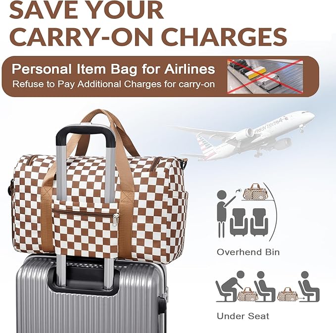 WOOMADA Foldable Travel Duffel Bag for Women, Weekender Bags with Shoes Compartment,Overnight Bag with Wet Pocket & Trolley Sleeve(brown checkerboard)