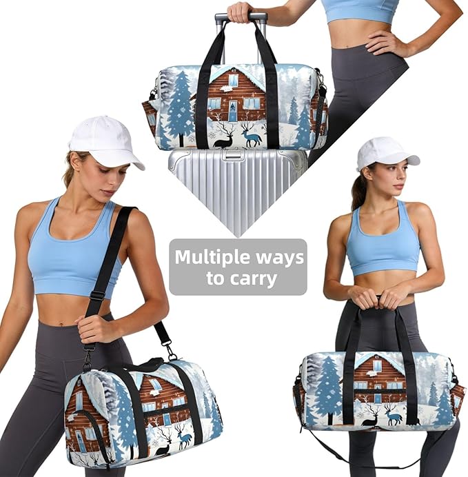 Winter Fawn Print Gym Bag with Shoe Compartment for Women Men, 17.7in Sports Duffle Weekender Tote, Overnight Travel Duffel Bag Carry On