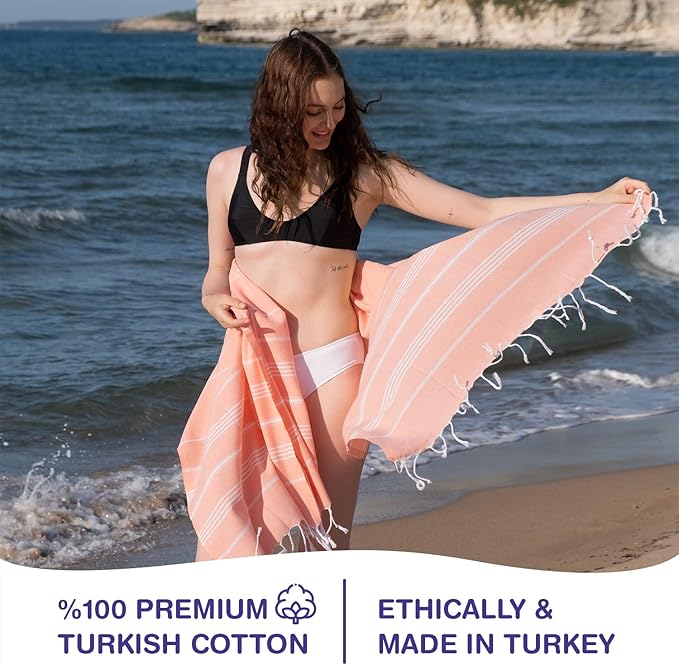 Turkish Beach Towels, Pack of 6 | Oversized, Quick Dry, Sand Free | 100% Cotton, Large 38x71 Towels for Beach, Pool, Travel | Ultra-Soft, Compact, and Absorbent | Salmon