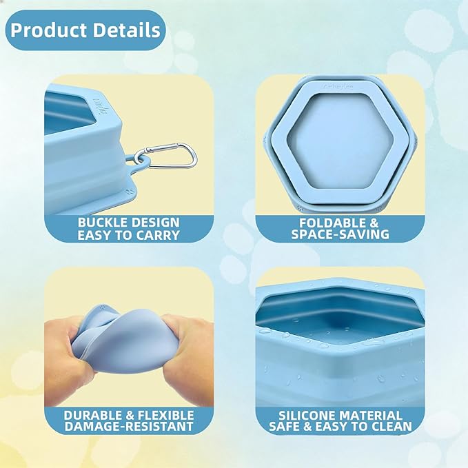 2-Pack Collapsible Pet Water Bowls, Spill Proof No Splash Travel Bowls w/ 2 Carabiners, Silicone Bowls for Hiking Camping Walking Road Trips, BPA Free Dishwasher Safe, 24oz Each Morandi Blue