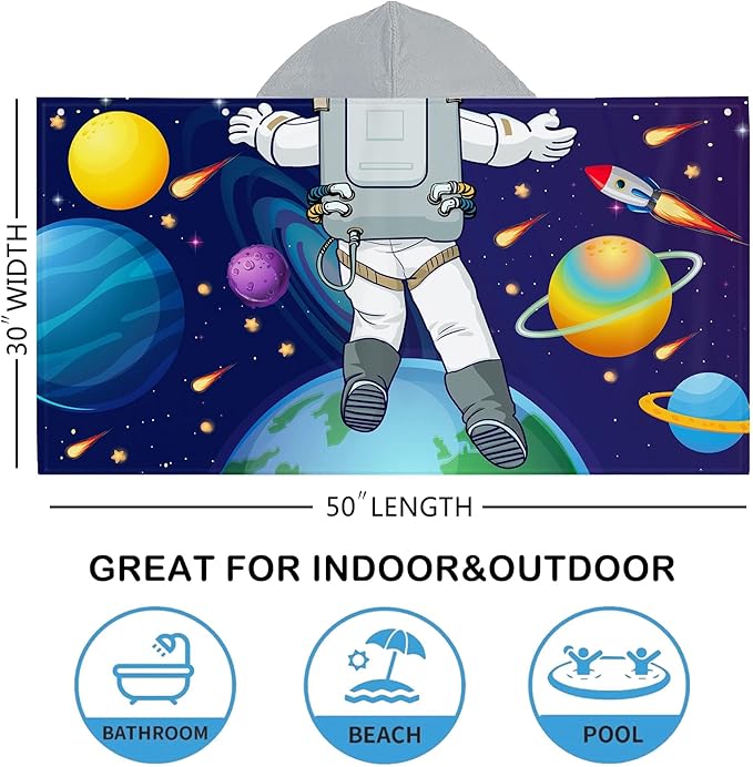 Outer Space Theme Kids Hooded Towel - 30"x50", Cool Microfiber Soft Bath Towel Poncho for Boys & Girls Swim Pool