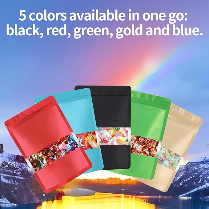 100pcs 5.9"x8.6" Mylar Bags with Matte Window for Food Storage,5 Colors Mixed Smell Proof Bag Resealable Food Storage Bags for Home Small Business, Stand-up Foil Pouch for Packaging Freeze Dried Candy