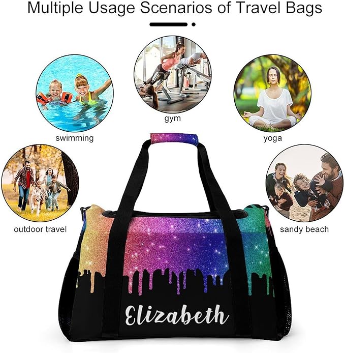Personalized Sports Duffle Bags for Training, Colorful Bling Sequin Print Travel Bags with Adjustable Shoulder Strap, Custom Name Birthday Holiday Gift