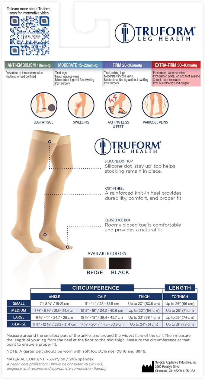 Truform 30-40 mmHg Compression Stockings for Men and Women, Thigh High Length, Dot-Top, Closed Toe, Beige, X-Large