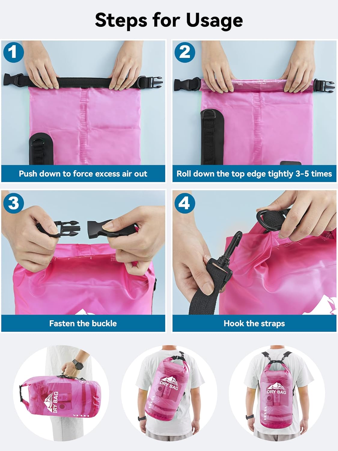 HEETA Dry Bag Waterproof for Women Men, 5L/10L/20L/30L/40L Roll Top Lightweight Dry Storage Bag Backpack with Phone Case for Travel Swimming Boating Kayaking Paddle Board Camping Beach Accessories