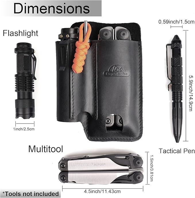 Topstache Leather Multitool Sheath with Belt Clip - Leather Multitool Pouch for Belt - EDC Belt Organizer - Multitool Holster Fits Multitool, Flashlight, Pen - Leather Multitool Holder - Black