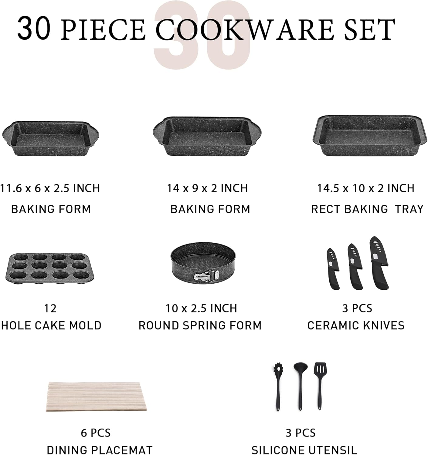 MAISON ARTS 30 Piece Pots and Pans Set Non Stick, Kitchen Cookware & Bakeware Sets with Nonstick Granite Coating, Baking Tray, Frying Pan and Saucepan, Black
