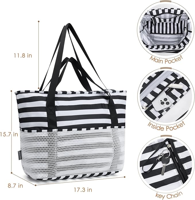 KABAQOO Large Beach Bag Waterproof Sandproof Tote Bag for Women with Zipper & Mesh Pockets for Pool Swim Travel Everyday