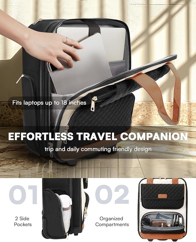 Underseat Carry On Luggage with Wheels, Airline Approved Personal Item Luggage, 16-Inch Multi-functional Underseat Luggage, Lightweight Overnight Suitcase for Women, Bussiness, Travel, Beige Brown