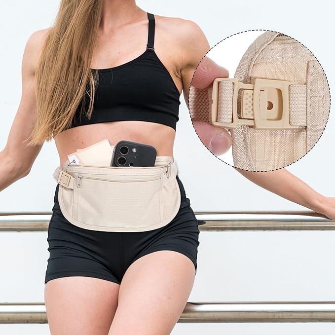 Unisex Money Belt for Men and Women Khaki RFID Security Pouch Anti-Theft Travel Money Belt Under Clothes Adjustable Strap Small Waist Pouch for Travel Running Hiking Cycling