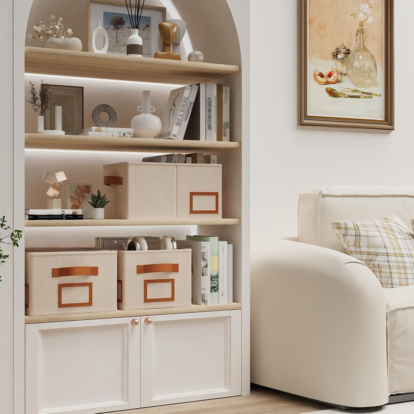 OUTBROS Foldable Storage Box for Shelves, 15 x 10.2 x 7.9 inch Fabric Baskets, Wardrobe Organiser with Handles, Suitable for Storing Clothes, Books, Cosmetics (Beige, 3-Pack)