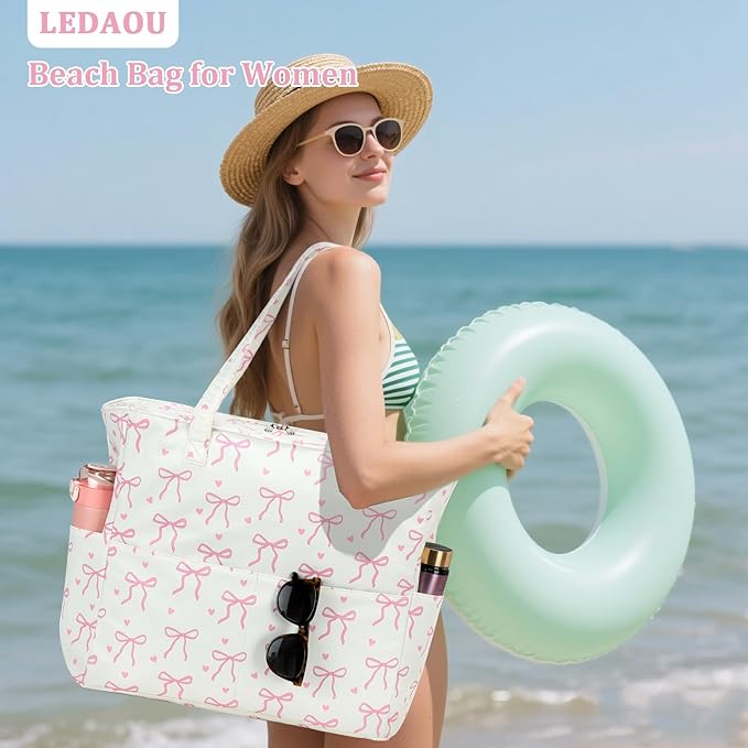 LEDAOU Large Beach Bag Women Waterproof Sandproof Zipper Beach Tote Pool Bag for Swim Gym Grocery Travel with Wet Pocket | Waterproof, Sandproof, Zipper, Pool, Gym, Grocery