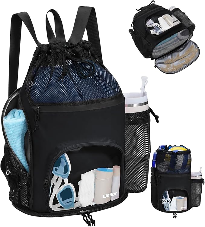 WANDF Swim Bag with Wet Pockets, Sandproof Beach Backpack with 40oz Tumbler Side Pockets, Mesh Drawstring Backpack Swim Bag for Swimming, Pool, Gym and Workout Gear (Black)