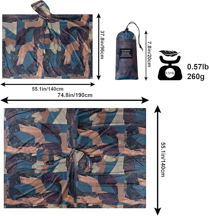 Hooded Rain Poncho for Adults - Waterproof Rain Coat and Lightweight Jacket 3-in-1 Multi-Function with Pockets