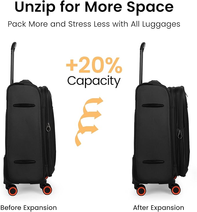 3-Piece Softside Expandable 20% Luggage Set with Front Open Pocket,Softside Suitcases w/Spinner Wheels,Lightweight Durable Rolling Luggage w/TSA LOCK（Black,22in/28in/32in）