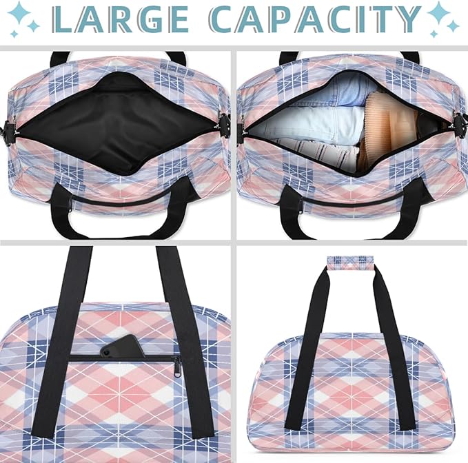 Sports Duffel Bags, Pink Blue Plaid Water-Resistant Gym Duffle Bag for Men Women, Lightweight Weekender Overnight Bag for Fitness, Workout, Travel