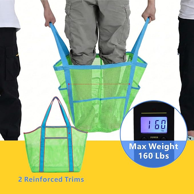 F-color Mesh Beach Bag Family - Large Tote Bag 9 Pockets for Swim Pool Toys Cruise Beach Vacation Essentials
