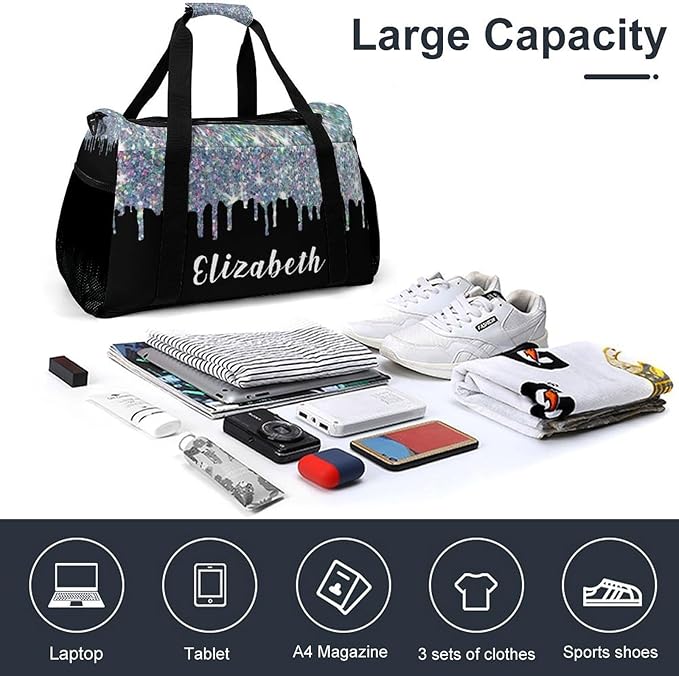 Sparkle Colorful Silver Glitter Print Shoe Bag Waterproof Travel Bag Duffel Bag Adjustable Shoulder Strap Perform Training for Women Men Casual Bag