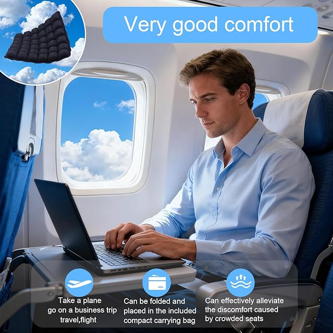 Portable Airplane Seat Cushion Inflatable – 3D Air Cell Tech with Built-in Pump, Adjustable Firmness for Back & Tailbone Support, Ideal for Long Flights, Office, Car, Wheelchair – Comes with Carry Bag