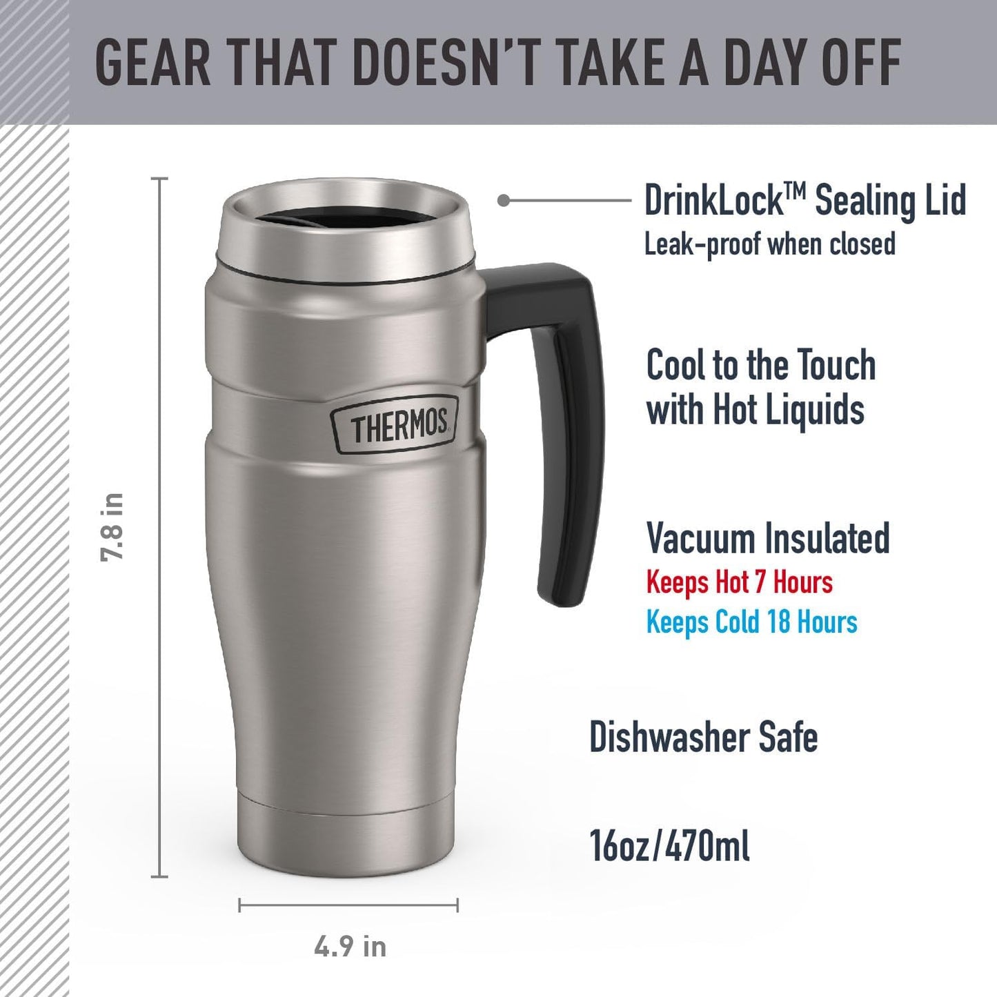 THERMOS Stainless King Vacuum-Insulated Travel Mug, 16 Ounce, Matte Stainless Steel
