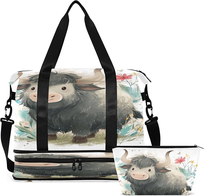 Travel Duffel Bags for Women Cute Gray Yak with Wildflowers Sports Duffel Bags Gym Bags with Shoes Compartment Tote Bag Weekender Bag for Travelling
