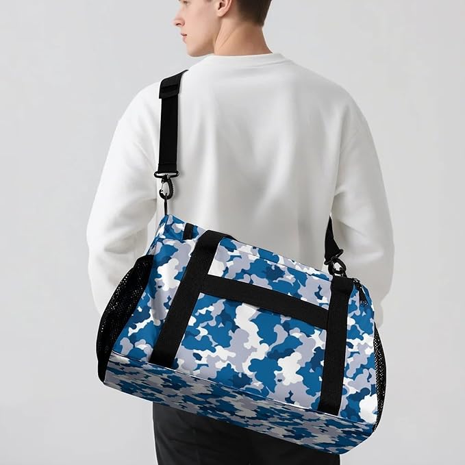 Blue Grey Camouflage Camo Pattern Shoe Bag Waterproof Travel Bag Duffel Bag Adjustable Shoulder Strap Perform Training for Women Men Casual Bag