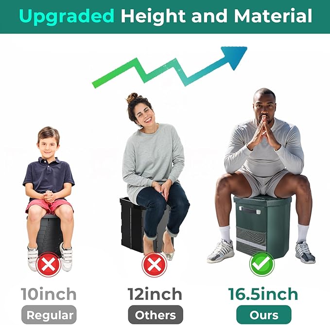 2026 Upgraded 16.5'' XL Portable Toilet for Adults,Tall Camping Toilet with Lid and Convenient Carry Bag, Portable Potty for Camping, Hiking, Car Travel,Truck, RV, Boating, Road Trips, Beach (Green)