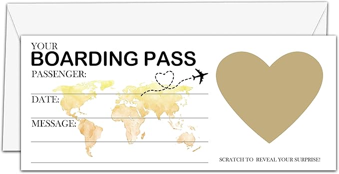 Scratch Surprise Boarding Pass, 1 Set Make Your Own DIY Travel Ticket, Surprise Reveal Card for Holiday, Christmas, Wedding, Birthday, Anniversary, Party Supply(3.5"x8" Gold)-A007