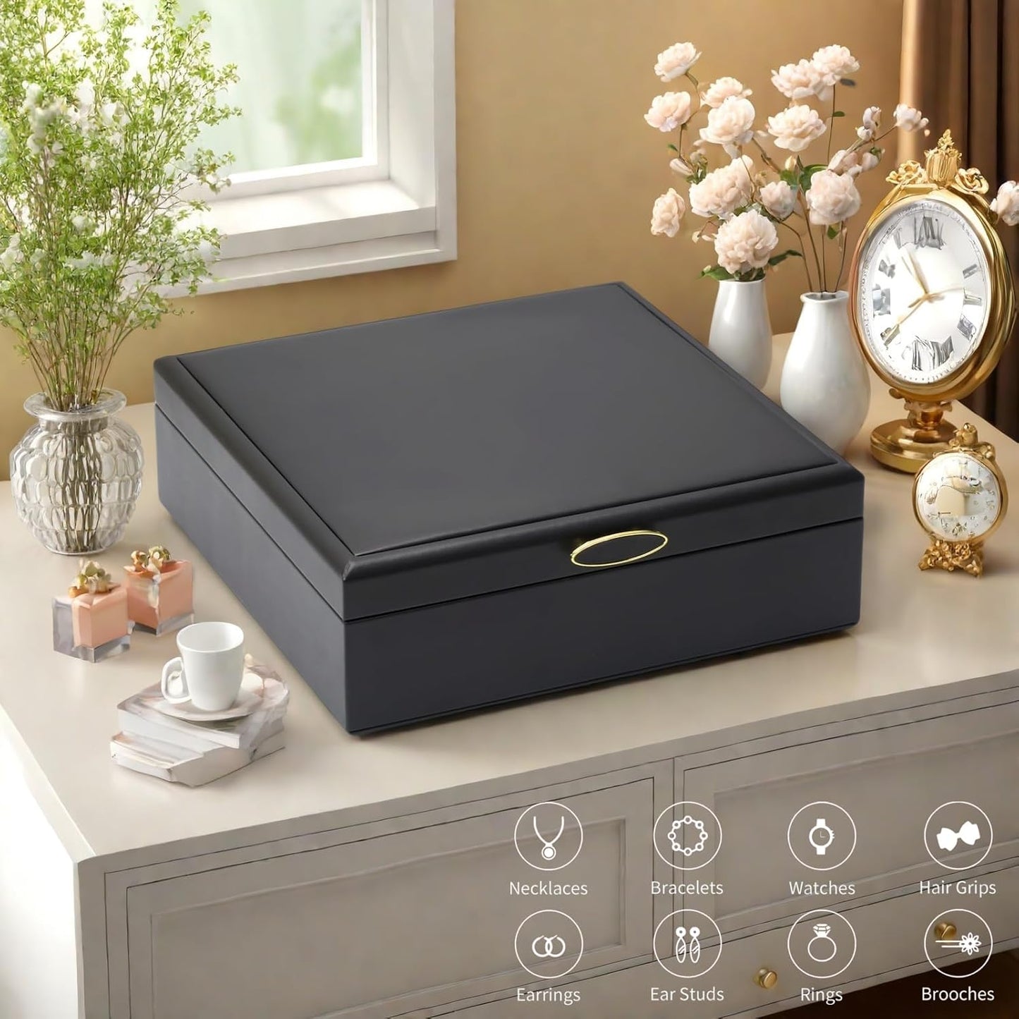 2-layer jewelry box，Jewelry Organizer with Handle，with hanging necklace hooks, detachable jewelry trays, suitable for storing a large amount of jewelry gift box (Large-Black)