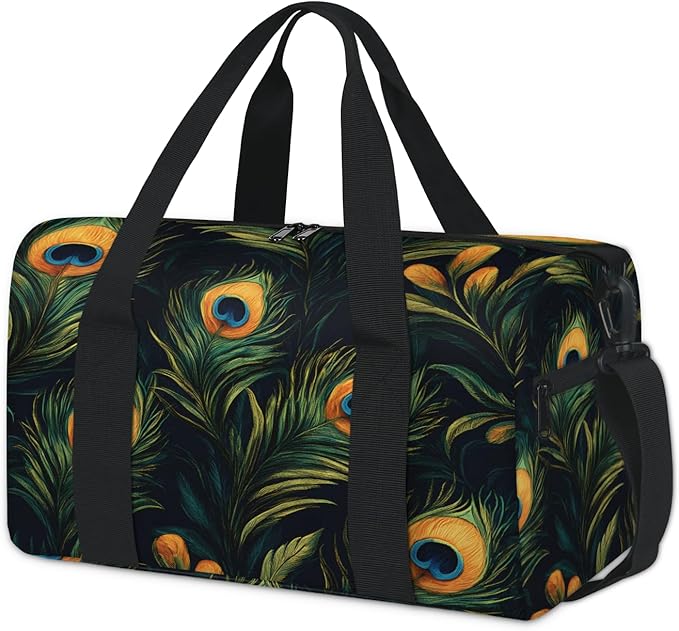Peacock Feather Design Travel Duffle Bag for Women Men, Overnight Weekender Bag, Carry on Tote for Sport Gym