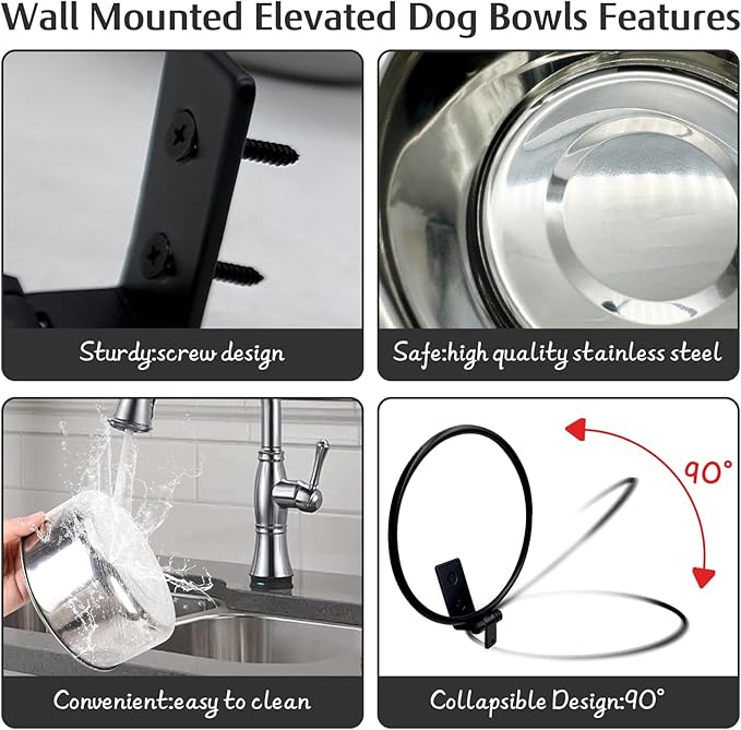 Hamiledyi 4 Pack Wall Mounted Elevated Dog Bowls - Adjustable Height Stainless Steel Raised Food & Water Bowls with Collapsible Stand for Medium & Large Dogs & Cats (M)