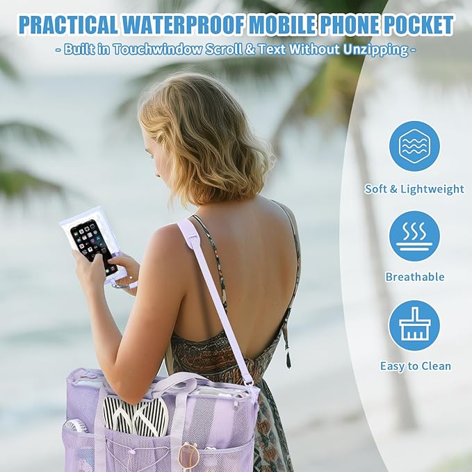 Mesh Beach Bag, Foldable Extra Large Beach Bags with Zipper Pool Bag with Portable Phone Pouch for Vacation Pool