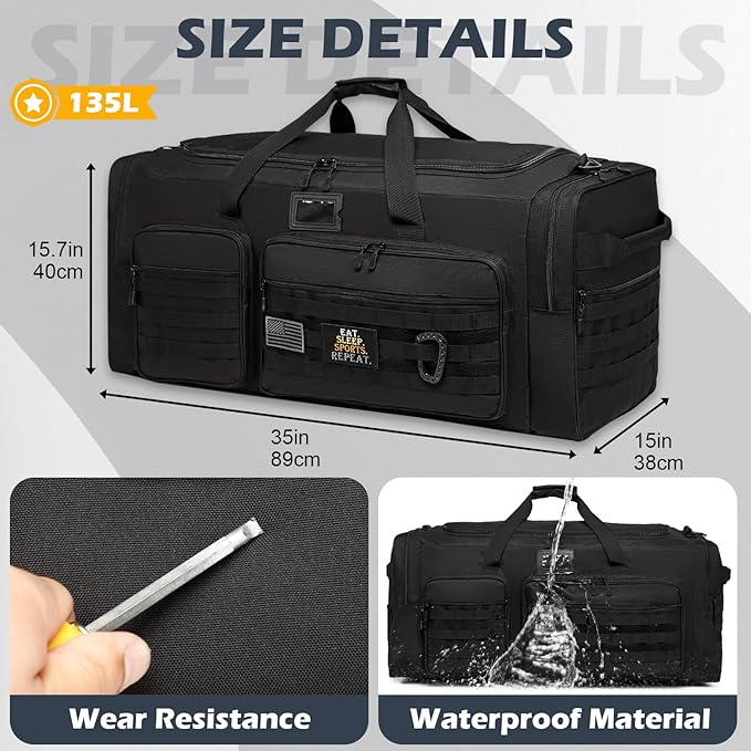 135L Large Duffle Bag, Heavy Duty Duffle Bag for Travel, Extra Large Sports Gym Equipment Bag for Soccer Baseball Basketball Hockey Football, Black