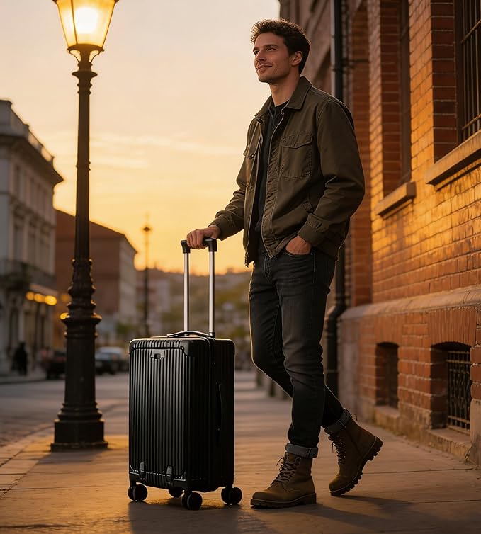 feilario 20in Hardside Spinner Wheel Luggage with Zipper Closure, Built-In TSA lock Carry on Suitcase, with Cup Holder & USB Port & Phone Holder Black(with zipper closure, 20in)