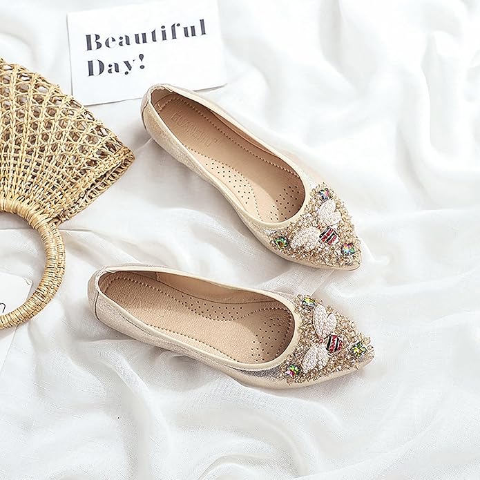 Women Ballet Flats Sparkly Rhinestone Wedding Ballerina Shoes Pointed Toe Foldable Comfort Slip on Flat Dress Shoes
