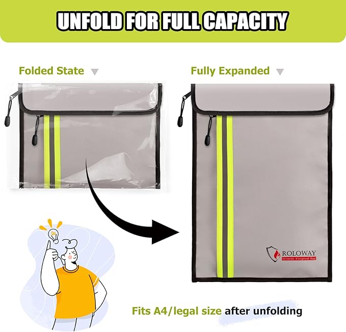 ROLOWAY Fireproof Document Bag (15.5 x 11.5 inch) with 2 Pockets and 5200℉ Aluminum Foil Layer, Fireproof Bag for Document Safe (Silver)