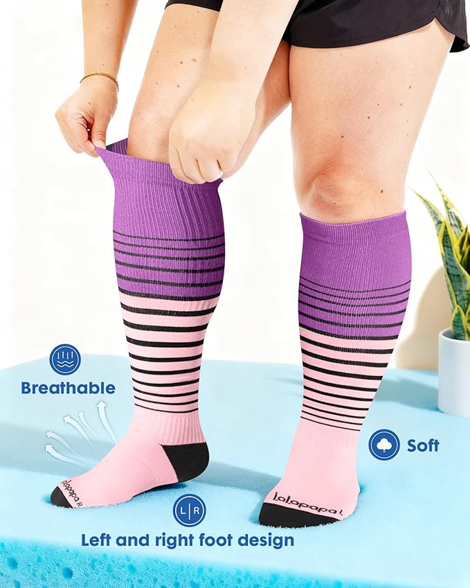 Wide Calf Compression Socks for Women - 3-Pair Plus Size 20-30mmHg Ankle Support Easy on off Socks for Travel Nurse