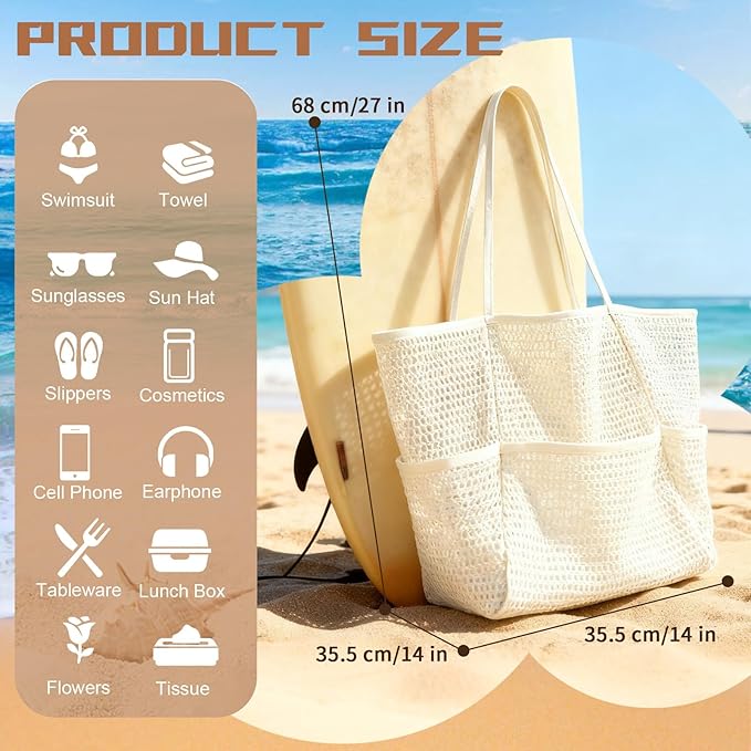 4PCS Large Beach Bags for Women,Nylon Mesh Tote Bag with Large Inner Zipper Pocket