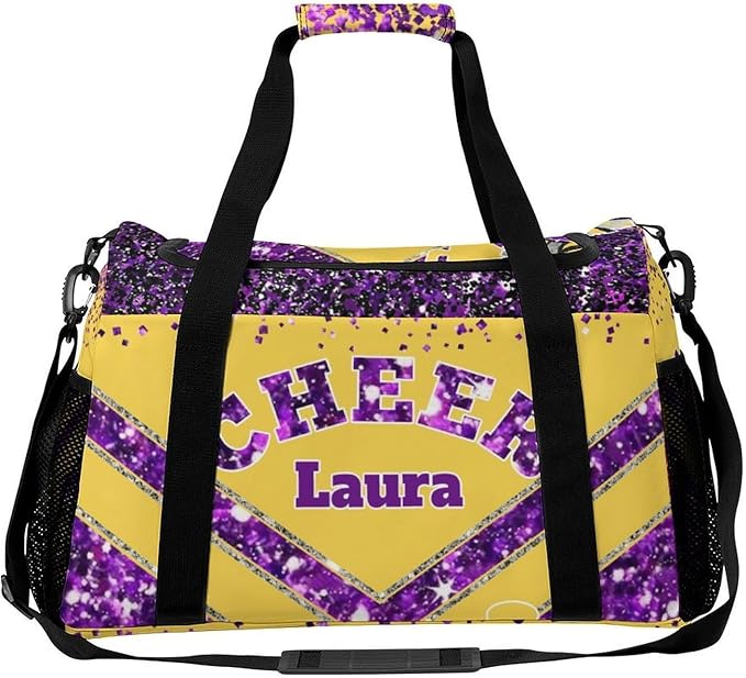 Personalized Cheer Bag Gifts for Girls Sport Cheerleading Gym Travel Duffel Bag Overnight Weekender Bags with Name (Yellow Purple)