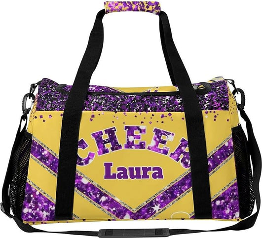 Personalized Cheer Bag Gifts for Girls Sport Cheerleading Gym Travel Duffel Bag Overnight Weekender Bags with Name (Yellow Purple)