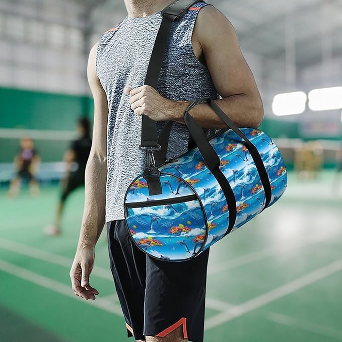 Basketball Football Weekender Bag Strong Waves Jumping Dolphin Great Ocean Wave Blue Carry on Beach Yoga Overnight Luggage Bag Sports Gym Bags for Men Women