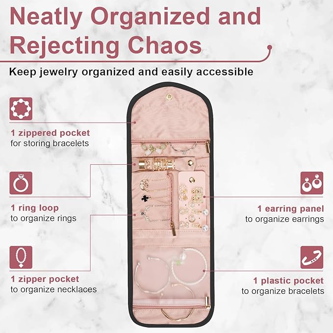 Travel Jewelry Roll Organizer Bag Foldable and Anti-Lost Jewelry Holder Storage for Rings, Necklaces, Bracelets, Earrings and Accessories, Small Black