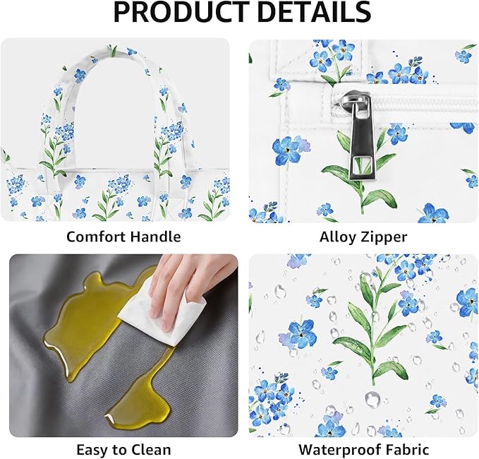 Tote Lunch Bag Women Stylish Quilted Lunch Boxes for Adult Fit and Fresh Cooler Insulated Lunchbox for Work Large 10 Liters Cute Compact Lunchbag Waterproof Blue Floral