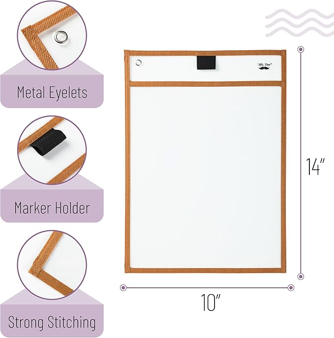 Mr. Pen Dry Erase Pocket Sleeves, 6 Pack, 10x14 inches, Multicolored Border, Plastic, Reusable Dry Erase Sheet Protectors