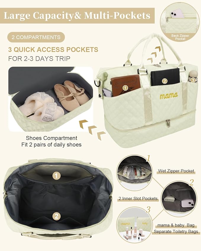 Mama Baby Pregnancy Hospital Bag Essentials for Women Labor Delivery Diaper Organizer with Shoe Compartment,2 Waterproof Toiletry Pouch Travel Duffle Bag for Mommy Weekender Overnight Gym Gifts,Beige